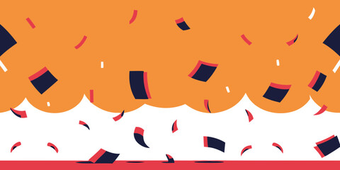 Illustration of falling confetti with orange backdrop and a white wavy line in the middle area