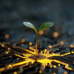 A young green sprout emerges from a glowing circuit board, symbolizing the growth of technology and innovation