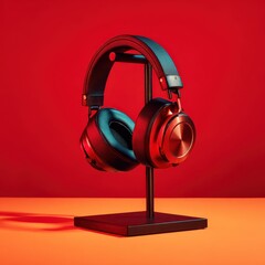 Stylish black headphones with copper accents on a stand against a vibrant red background, illuminated by warm light