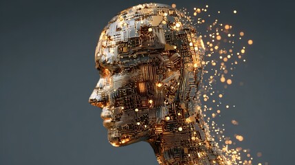 Futuristic AI human head crafted from intricate circuitry and glowing golden lights