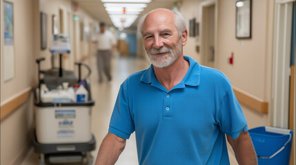 Janitor mops a shiny floor in a clean and well-maintained facility corridor during working hours