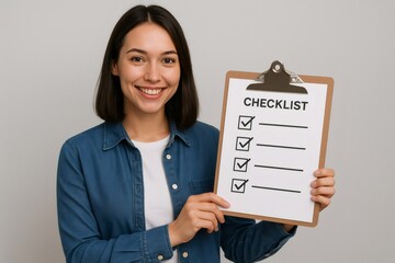 Smiling businesswoman pointing at a checklist on a clipboard, showing that tasks are completed