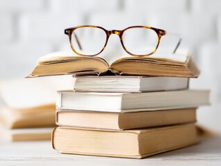 Stack of old books with reading glasses on top, symbolizing knowledge and education