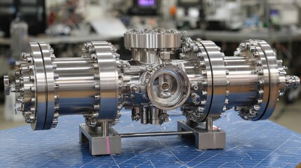A complex scientific instrument with multiple flanges and connections, on a blue surface