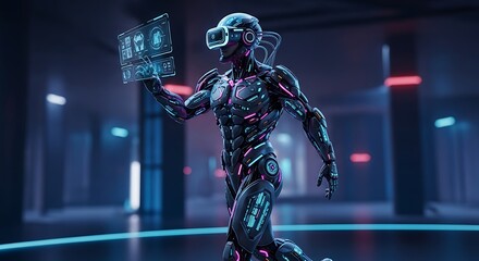 Cyborg Woman Examining Holographic Data.