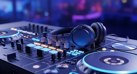 Professional DJ controller with headphones, ready for mixing electronic music in a vibrant nightclub