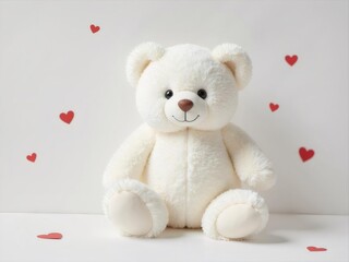 白クマのぬいぐるみが座っている背景にハートのイラストが描かれた甘いバレンタインの日のシーン