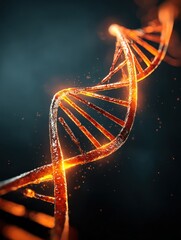 Abstract glowing orange dna double helix structure with particles against a dark background
