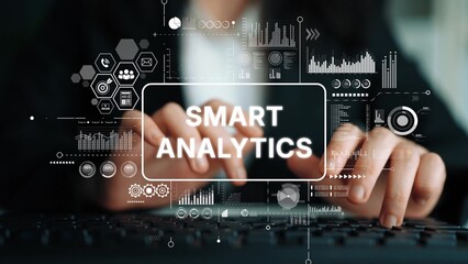 Smart Analytics Concept with Digital Interface Over Keyboard Showing Data Analysis and Business Intelligence Techniques. Asymptotic smart data analytic.