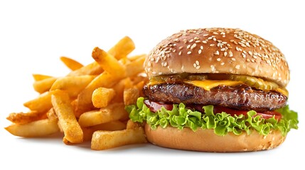Delicious cheeseburger with french fries isolated on white background, a classic american meal perfect for lunch or dinner, ready to be enjoyed