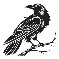 Obraz premium Stylized Black Raven Perched on Branch.