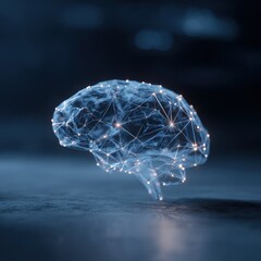 Abstract glowing digital brain network visualization on a dark blue background, representing artificial intelligence and neural connections