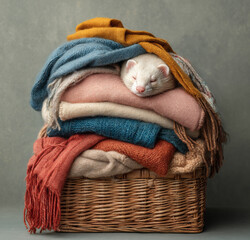 Soft blankets and a peaceful ferret resting in a cozy woven basket adds charm to a quiet indoor space