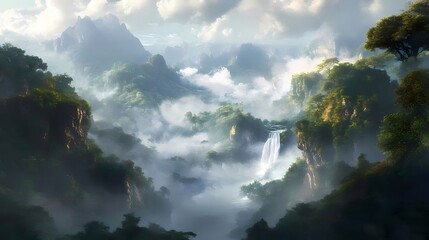 緑豊かな山々と穏やかな滝の絵画のような風景