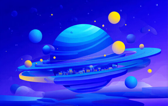 Futuristic Blue Planet with Rings and Cityscape Inside