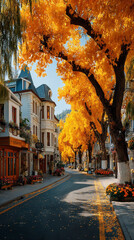  Malownicza uliczka z drzewami o złotych liściach. Jesienna sceneria w miasteczku. Romantyczny i spokojny widok na jesienne krajobrazy.