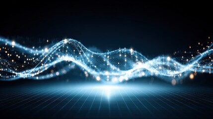 Abstract visualization of a glowing blue digital wave or sound frequency with sparkling particles on a dark background, representing data or technology