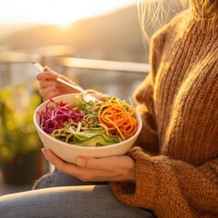Woman holding a healthy bowl of colorful salad with fresh vegetables and noodles, enjoying a meal outdoors at sunset