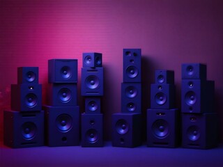 紫とピンクの照明とスピーカーのセットアップオーディオ品質に不可欠な機器を特徴とする音楽スタジオ