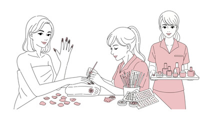 A woman in a pink robe receives a manicure from a beautician in a blue robe while another woman in a yellow robe holds a tray of nail polish bottles