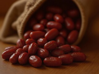 赤茶色のグミの果実が麻袋から木の表面にこぼれる静物