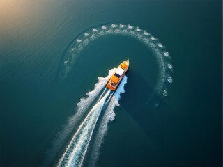 オレンジ色の豪華なボートが紺碧の海を航行し、白い泡の航跡を残す、日の光が降り注ぐ美しい風景