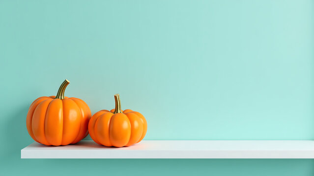 gleaming orange pumpkins arranged artfully minimalist white shelf set soft pastel turquoise wall evoking