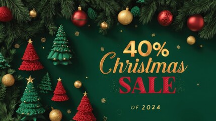 christmas sale 2025 40 percent off green background red gold ornaments miniature trees festive season discount banner design xmas sale