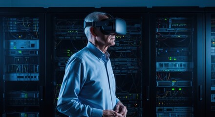 Elderly caucasian male experiencing virtual reality in data center environment