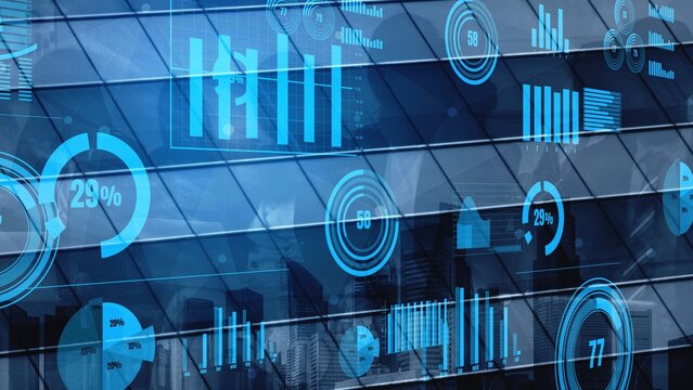 Dynamic depiction of data visualization featuring digital graphs and charts against a modern city skyline, showcasing the impact of technology on business metrics. Xenic