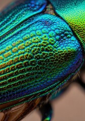 Extreme closeup of a jewel beetles iridescent exoskeleton, showcasing intricate patterns and vibrant metallic colors