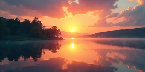 Fototapeta premium Serene sunrise over a tranquil lake, reflecting the calm and peace of spiritual awakening Perfect for meditation, yoga, mindfulness, and inner peace themes , water, wellbeing, sunrise