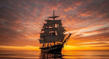 Majestic tall ship sailing on calm seas during a breathtakingly vibrant ocean sunset