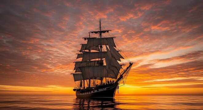 Majestic tall ship sailing on calm seas during a breathtakingly vibrant ocean sunset