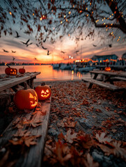 Nadmorski pejzaż w czasie Halloween, z dyniami ozdobionymi światełkami na drewnianych stołach. Tysiące pomarańczowych liści pokrywają ziemię. W oddali widać łodzie i budynki, a po niebie latają wrony