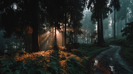 Misty forest path illuminated by dramatic sunbeams piercing through the dense canopy, creating a mystical atmosphere