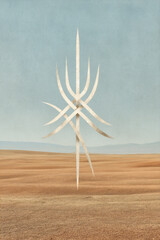 Modern sculpture stands tall in a vast desert landscape under a clear blue sky during golden hour