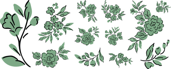 Vector art of collection of green floral elements and leaves