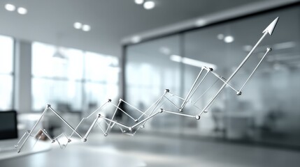 A 3d rendering of a rising stock market graph made of crystal or glass, showing upward trend with arrow, in a modern office background
