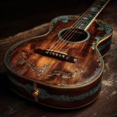 Closeup of an ornate acoustic guitar with intricate carvings and a rich wooden finish, resting on a textured surface