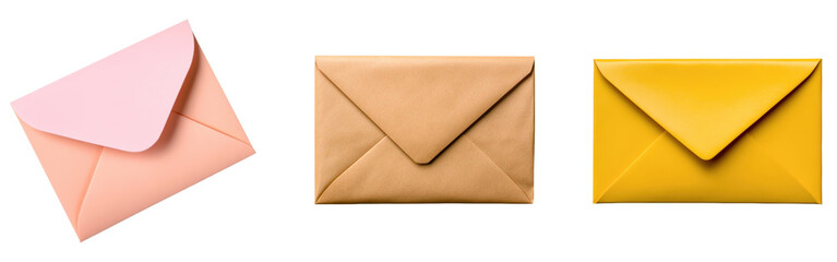A collection of three colorful envelopes in pastel pink isolated on transparency PNG background, brown, and yellow, Perfect for illustrating themes of communication, correspondence