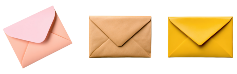 A collection of three colorful envelopes in pastel pink isolated on transparency PNG background, brown, and yellow, Perfect for illustrating themes of communication, correspondence