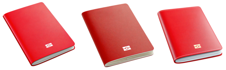 Bright red passports aligned isolated on transparency PNG background, featuring a biometric symbol on the cover, They represent travel, identification, and international mobility