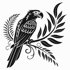 Stylized black silhouette of a parrot on a branch with leaves