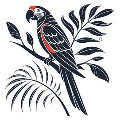 Obraz premium Stylized dark blue macaw perched on a branch with tropical leaves