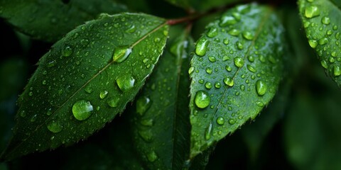 Close-Up of Fresh Green Leaves Covered in Water Droplets Showcasing Nature s Beauty and Vibrant Texture for Refreshing Aesthetic