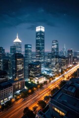 Fototapeta premium 夜空に輝く光の軌跡 夜景の街並みと高層ビル群 道路を走る車のライトが幻想的な光跡を描く都会の夜