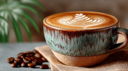 A beautifully crafted cup of latte with intricate foam art sits on a textured surface, accompanied by scattered coffee beans