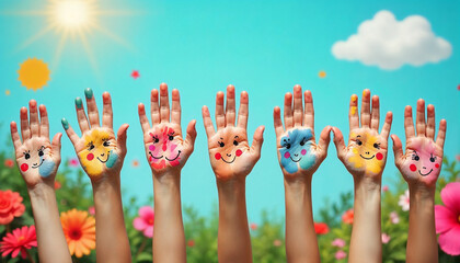 Colorful children's hands raised up, each painted with bright colors.