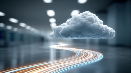 A luminous cloud hovers above a glowing, streaking pathway, symbolizing digital data transfer and cloud computing